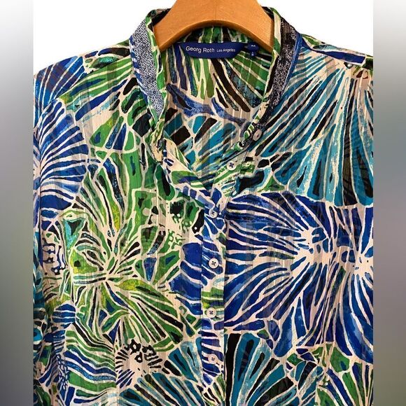 George Roth Sz M Sheer Blue Green Large Tropical Flowers Sequin Collar Tunic - Picture 5 of 8